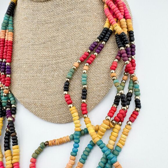 Vintage Multicolor Wood Bead Necklace – Layered Tribal Boho Statement Bright - Picture 5 of 8